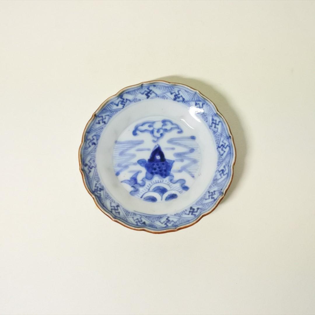 江戸中期～後期　伊万里　染付　鯉　荒磯　小皿　２枚組　骨董品　アンティーク c