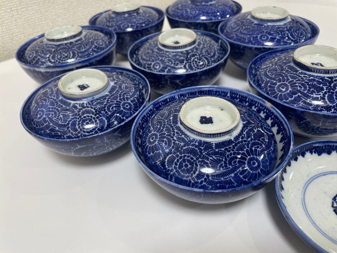 古伊万里 染付 花唐草模様 レトロ 明治 蓋付き 茶碗 8客 蓋9客