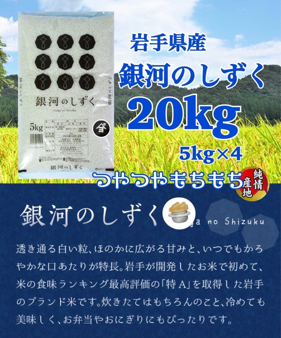 米　白米【岩手県産銀河のしずく20kg】 (5kg×4) 7年連続特A評価！