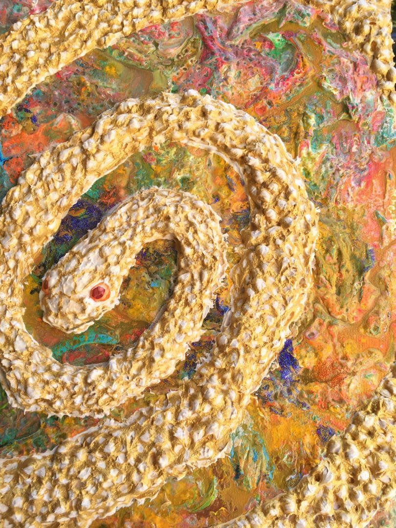 祈雨　白蛇　金色　神秘　絵　絵画　アクリル画　原画　　額付き　インテリアアート