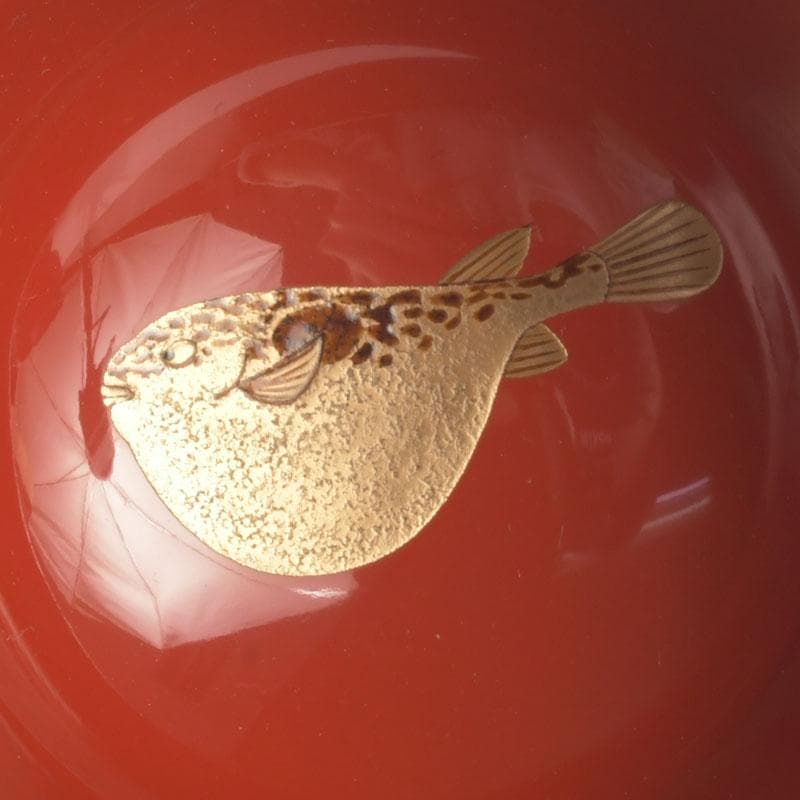 和食器　茶懐石　輪島塗　輪島屋本店謹製　朱塗魚蒔絵　盃　五客　共箱　V　9712