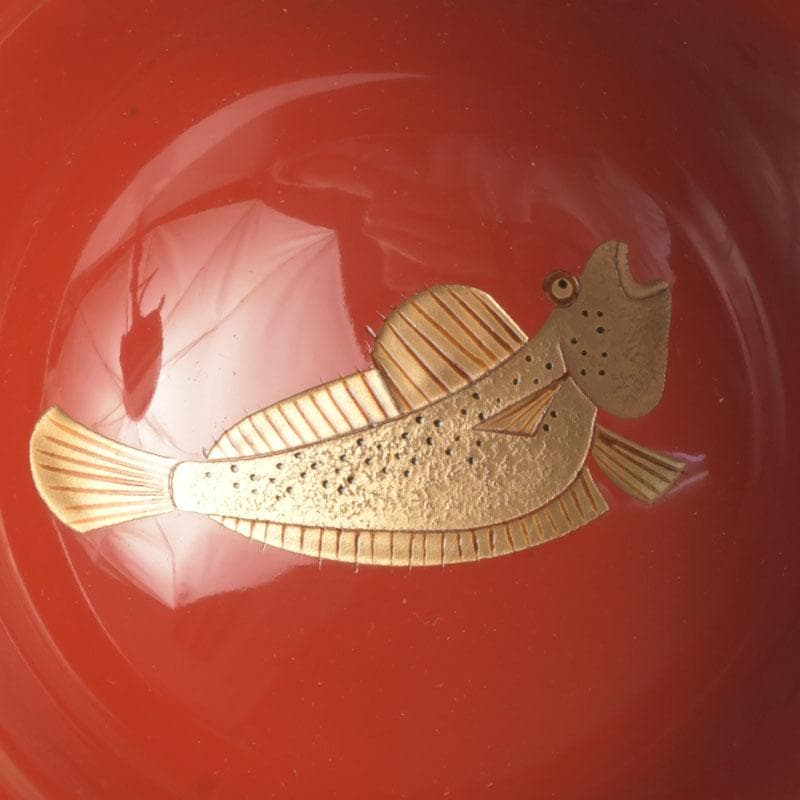 和食器　茶懐石　輪島塗　輪島屋本店謹製　朱塗魚蒔絵　盃　五客　共箱　V　9712