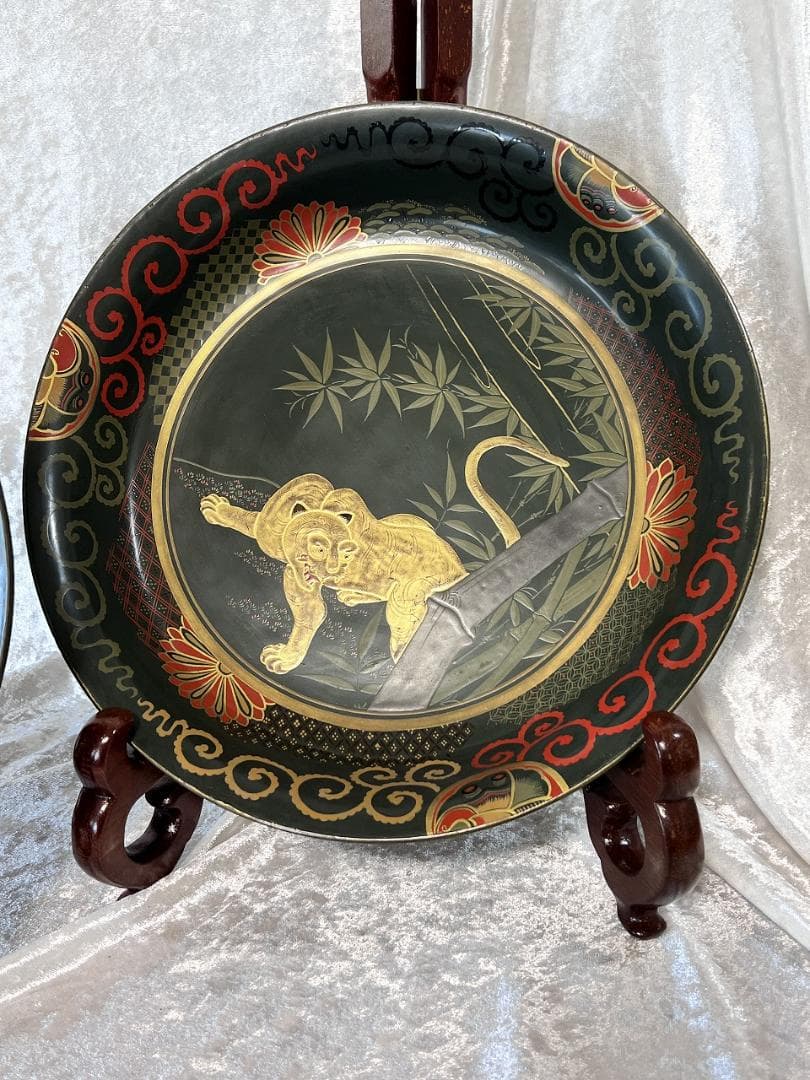 金蒔絵龍虎紋入れ子盆　一対　共箱　幕末～明治期