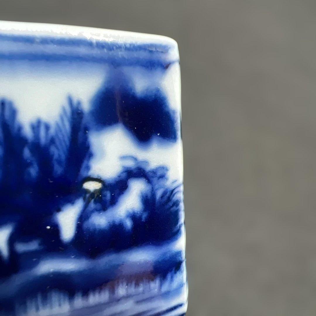 六角山水染付水滴　春雅堂製　文房具　時代品