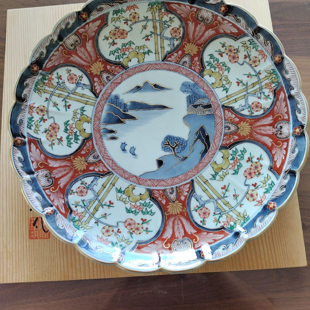 肥前の器青赤花柄波型皿