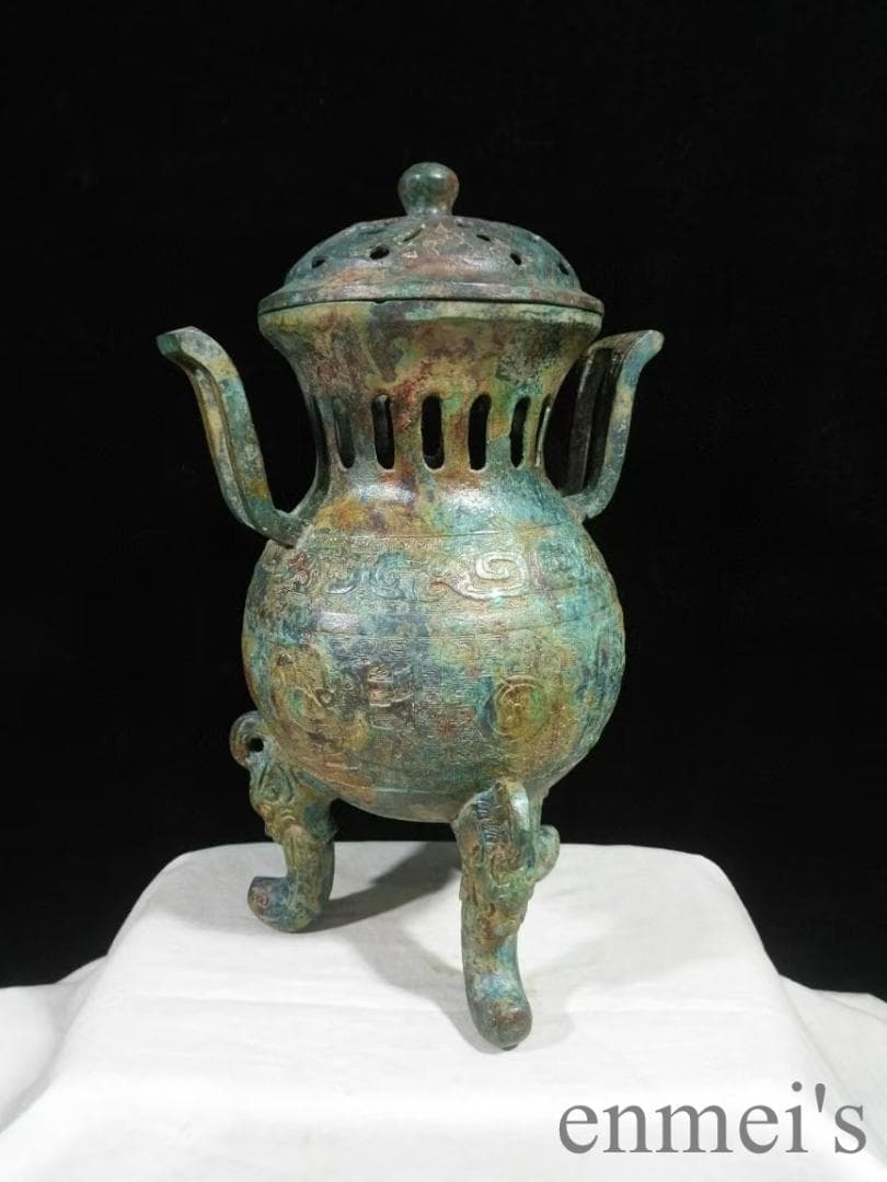 中国古美術 戦国 青銅器 朝冠耳香炉 禮器 香道具 風紋彫刻 芳香具 案頭 骨董