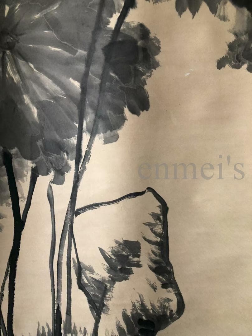 中国古美術・四尺蓮花掛軸・水墨画・八大山人印款・書道品・茶道・賞物・珍品画・肉筆