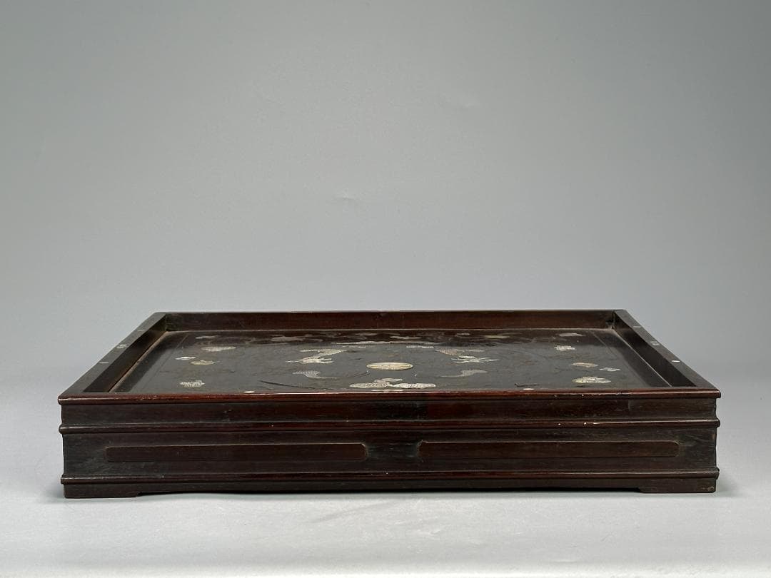 中国美術　清時代 花梨木　螺鈿嵌　双龍文　茶盤　引き出し付　書斎道具　李朝螺鈿