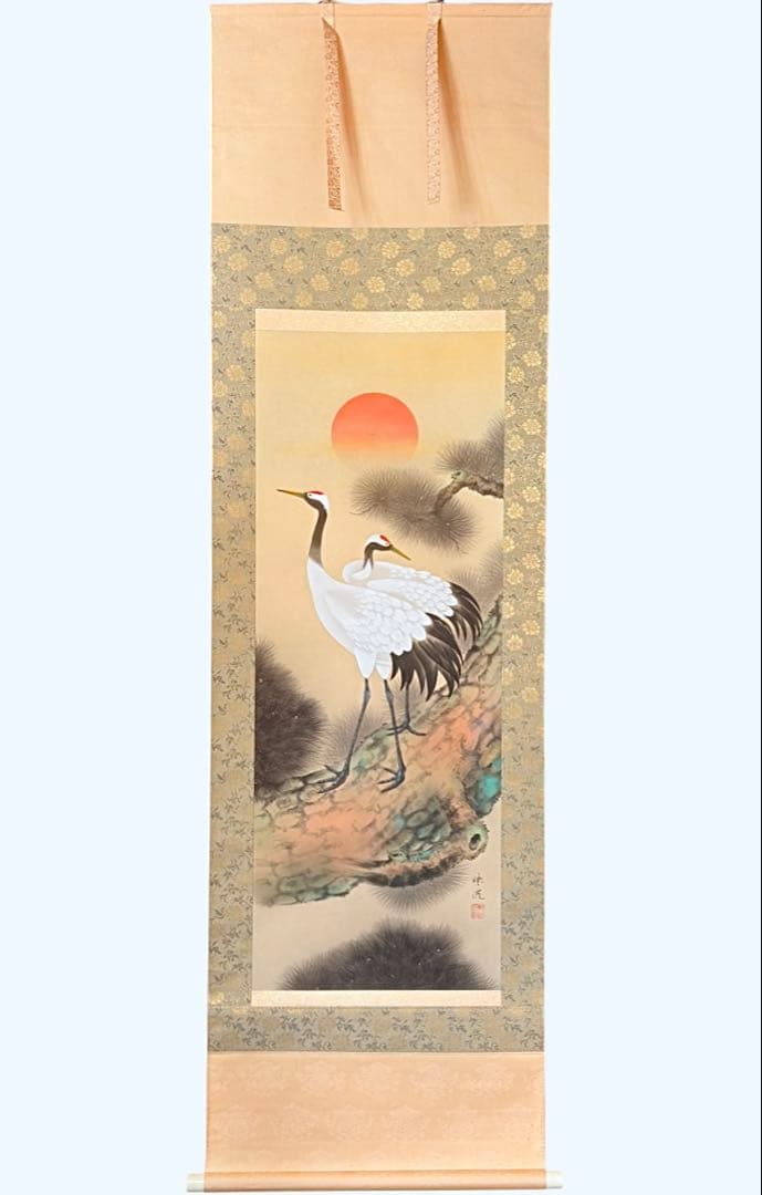 双鶴　珠洸 茶道具 掛け軸 掛軸 日本画 鶴 200