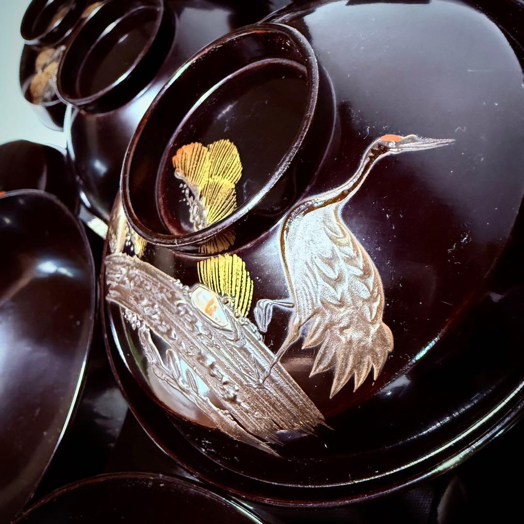 漆器　輪島塗　沈金　螺鈿　松鶴文　木製　蓋付椀　お煮物椀　吸物椀　10客　骨董