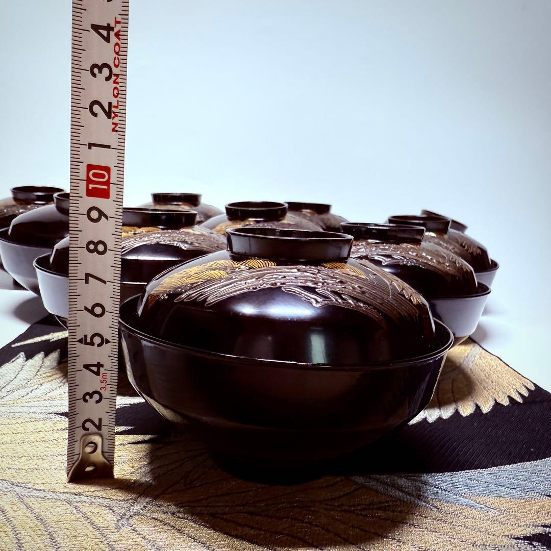 漆器　輪島塗　沈金　螺鈿　松鶴文　木製　蓋付椀　お煮物椀　吸物椀　10客　骨董