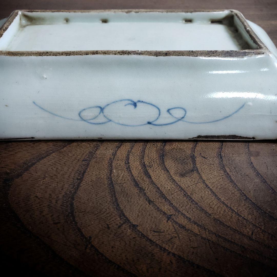 古伊万里 染付松竹梅図長皿 牡丹唐草 花唐草 鮎皿 江戸後期 厚手 訳あり