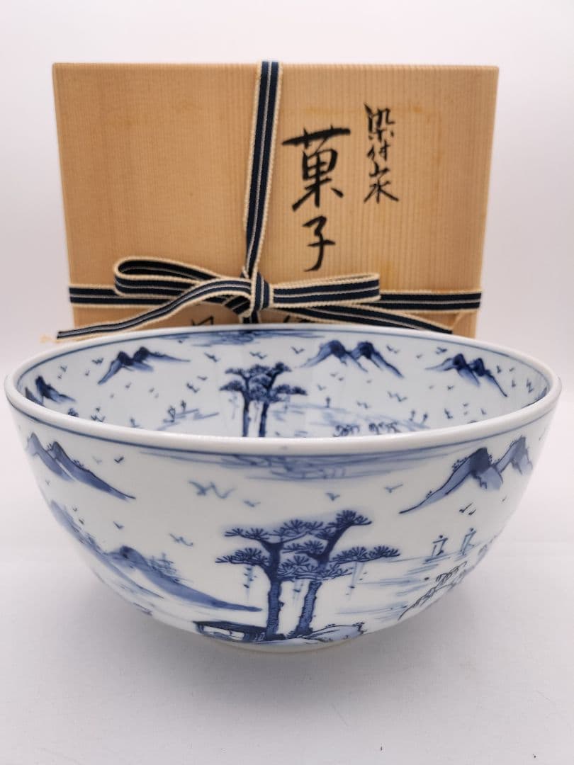 c601 菓子鉢 染付山水 川瀬白鳳 木箱 茶道具 古物
