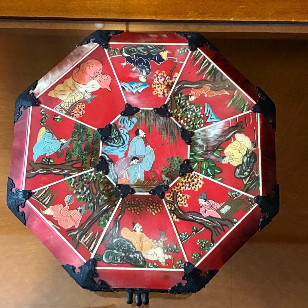 ヴィンテージ 中国　宝石箱　ジュエリーボックス　八角形　レア　赤