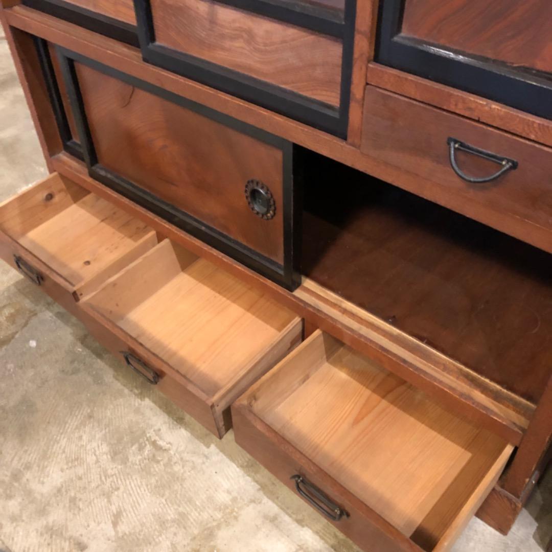 昭和アンティーク　茶棚　飾り棚　木製引き出し　ガラス戸付き　収納棚　茶箪笥　棚