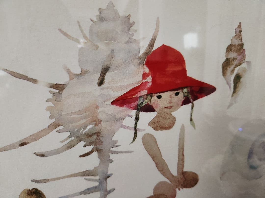 いわさきちひろ　貝がらと赤い帽子の少女　額縁付き　２３０/５００リトグラフ