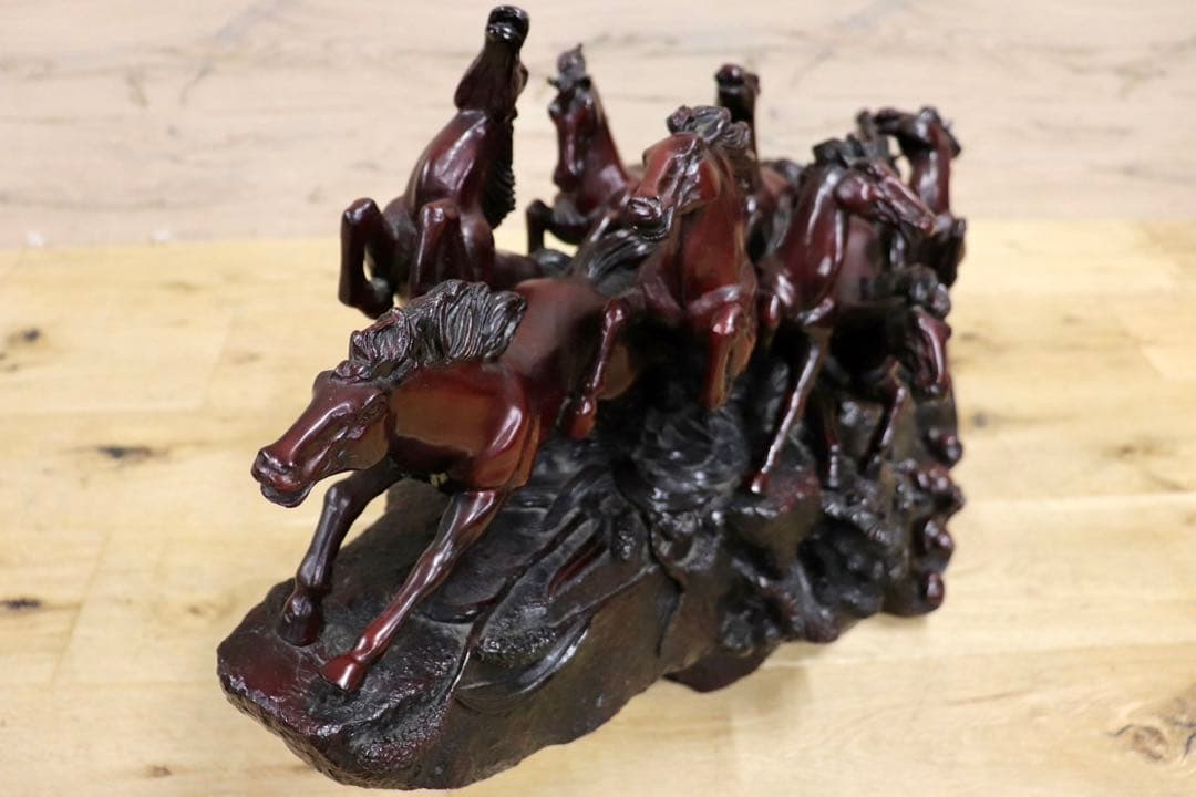 GMIH98A○九頭馬 馬の置物 縁起物 中国美術 木彫り風 樹脂製