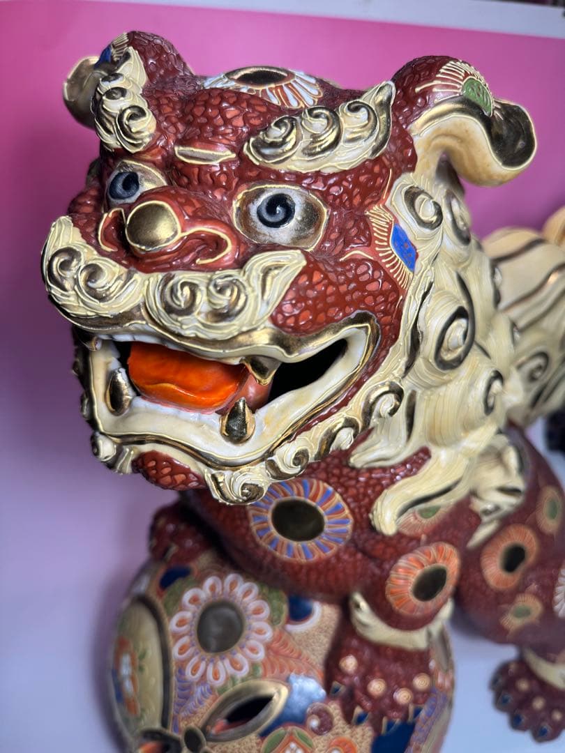 九谷焼 陶器 獅子 玉乗り シーサー 置物 縁起物 厄除け 高さ約56cm