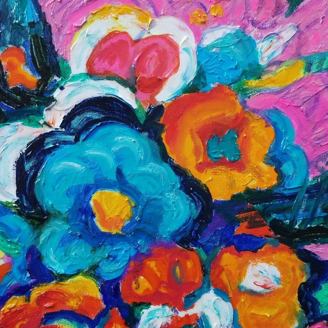 油絵　専用　赤いテーブルに置いた花瓶 　 抽象画