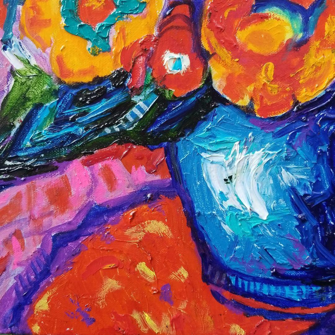 油絵　専用　赤いテーブルに置いた花瓶 　 抽象画