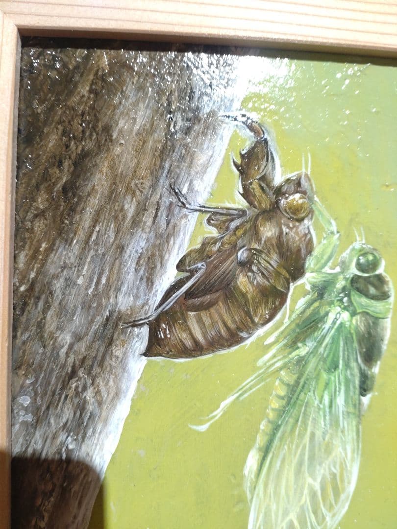 セミの油絵【羽化】作者サイン入り◆F0号サイズ◆額縁付属