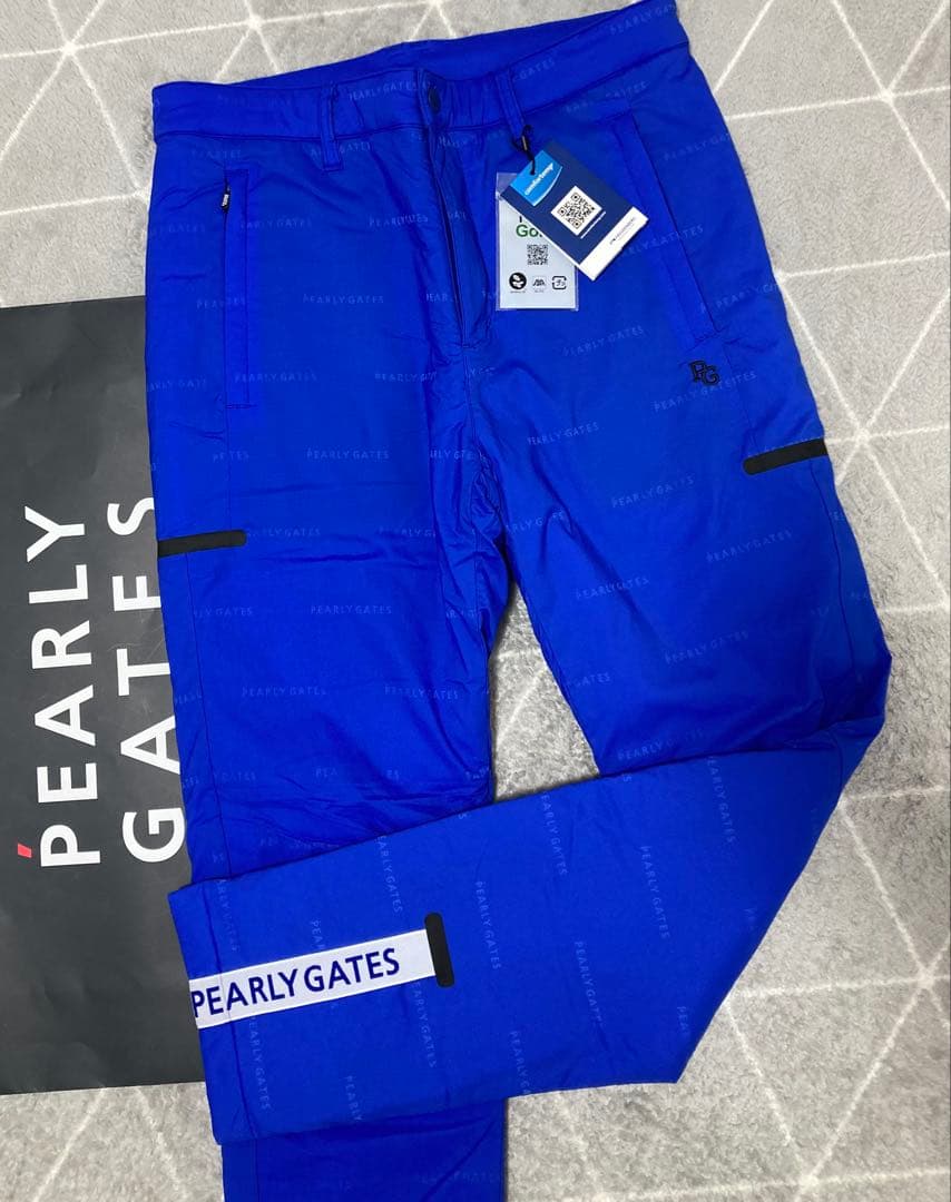 新品 パーリーゲイツ ナイロンストレッチロゴジャガード パンツ(5)サイズL/青