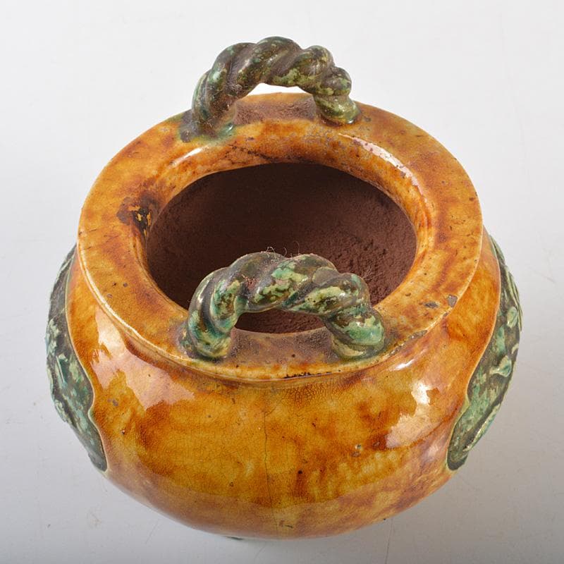 中国　三彩　花文　沖耳爐　三足香炉　時代箱　V　R7159