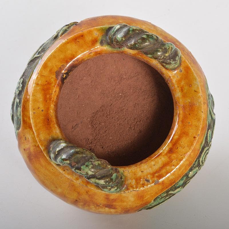 中国　三彩　花文　沖耳爐　三足香炉　時代箱　V　R7159