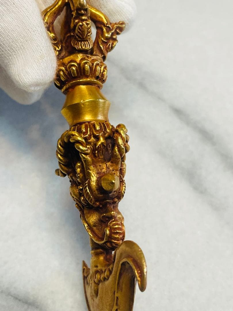 チベット密教　新品 カルタリ刀 10センチ 金メッキ　龍　金剛杵 683