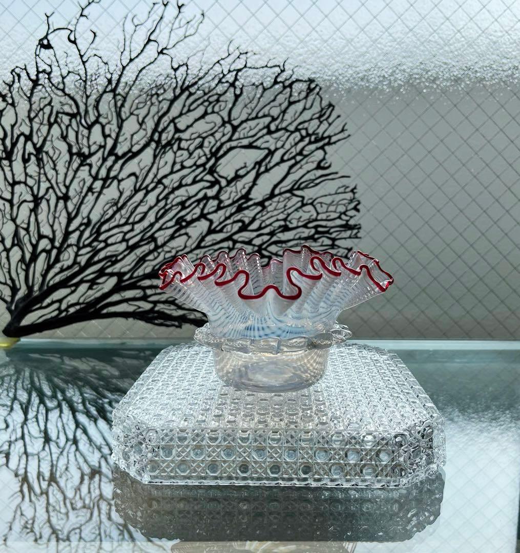 骨董　時代ガラス　超希少　金赤フチ　掻き揚げ模様　菓子器　氷鉢　ウランガラス