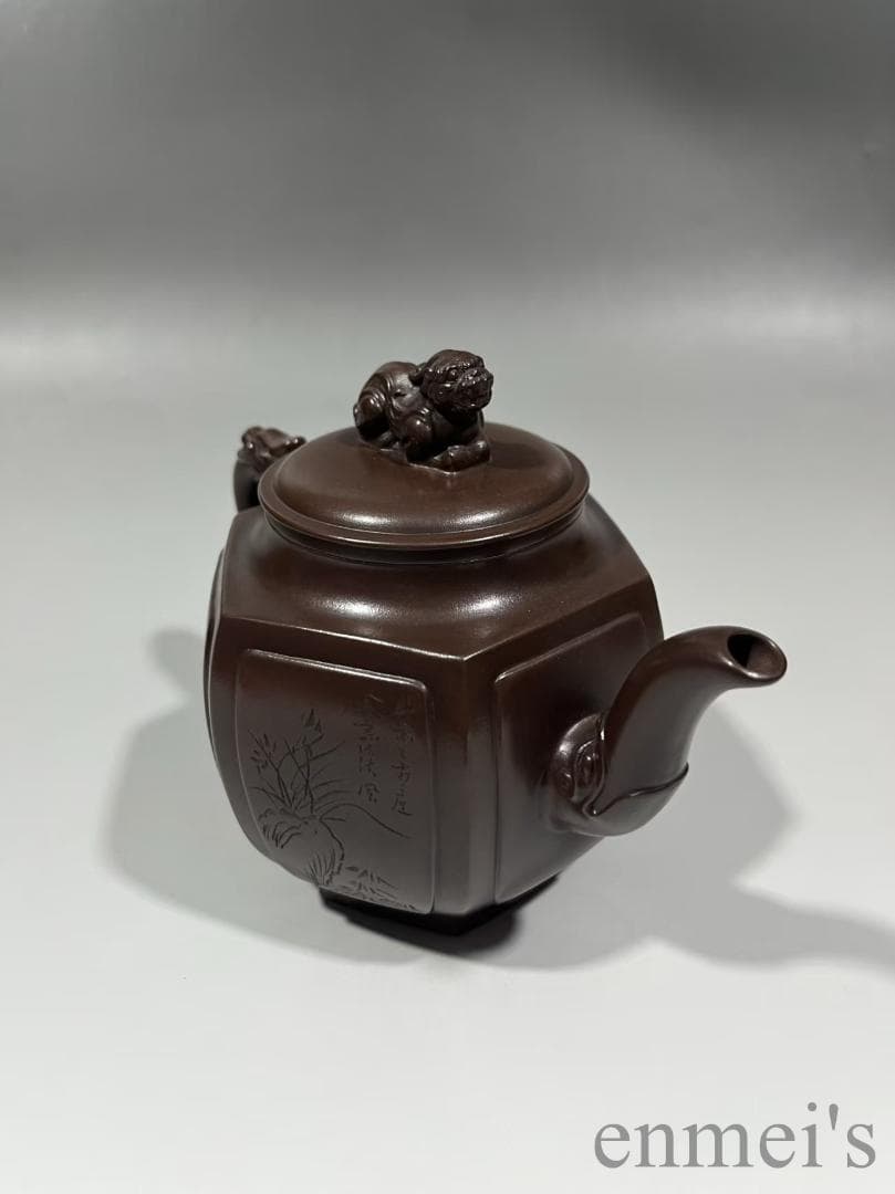 中国古美術 紫砂壺 六方壺 梅蘭竹菊刻紋 底款:徐漢棠 原鉱紫泥 茶壺 煎茶道具