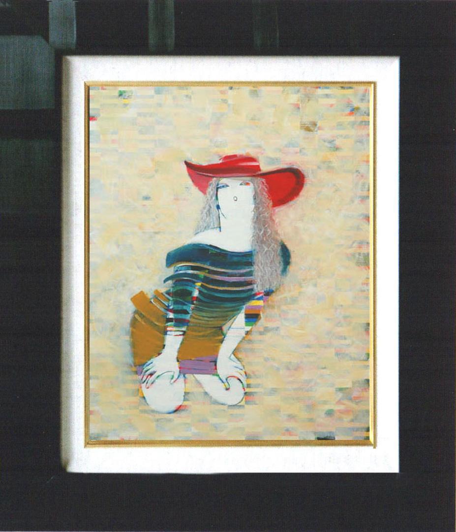 油絵 絵 絵画インテリア 額付(青緑＋金色の枠) F6-050213 人物女性像