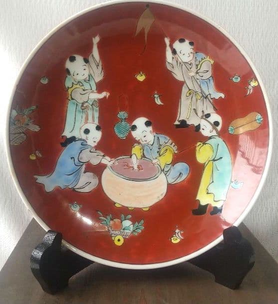 古伊万里 色絵 赤槍 唐子 皿/20.5cm 茶道具 骨董 7312