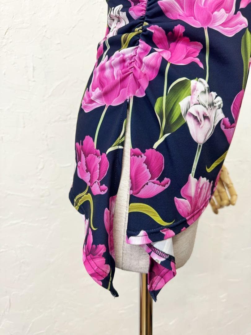 【紺】新品　社交ダンス　ピンク花柄プリント　アシンメトリーカットソーr241