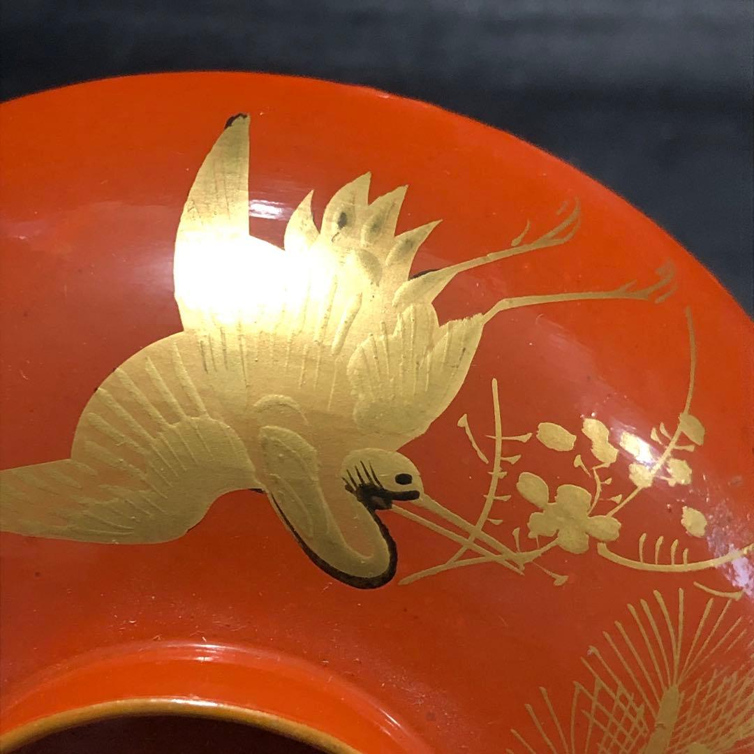 古美術品◆蔵から縁起の良い3羽の鶴が松、竹、梅の華を咥えて優雅に飛ぶ漆塗りのお椀