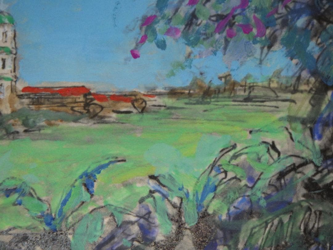 真作 希少 水彩画 肉筆 古田十郎 教会 共シール 青山学院 1983年 額装