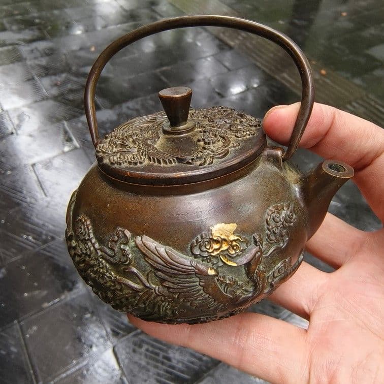 銅器 提梁壺 点金龍鳳徳利 茶壺 茶道具 装飾品 工芸品 美術品 置物