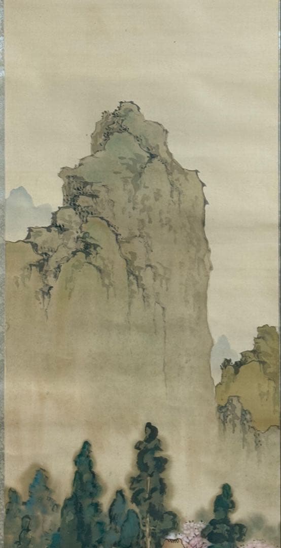 尾竹越堂筆　絹本肉筆　春景山水　共箱　掛軸　送料込み250622