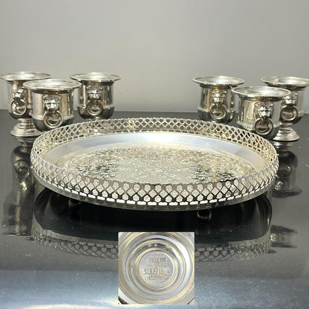 【VINERS】 ライオンのホルダー6個 / 透かしのトレー【シルバープレート】