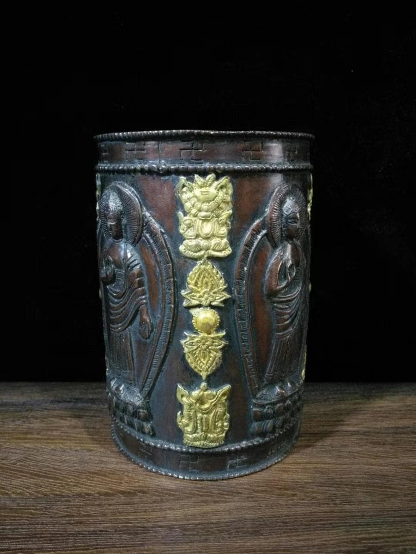 中国古美術・チベット铜鎏金八吉祥《四面佛金剛罐》・細密彫 ・六字大明呪彫刻・置物