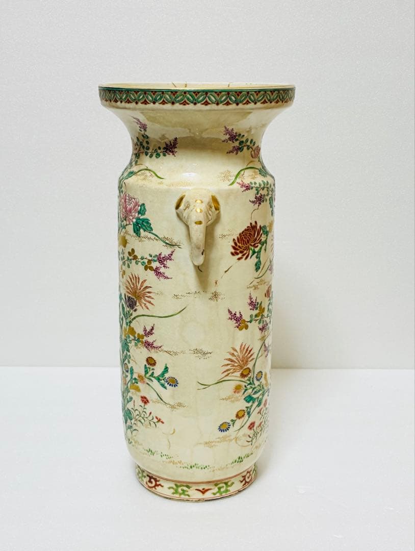 最終価格 明治 薩摩焼 京薩摩 9代帯山与兵衛 上絵金彩色絵草花文象耳付花瓶