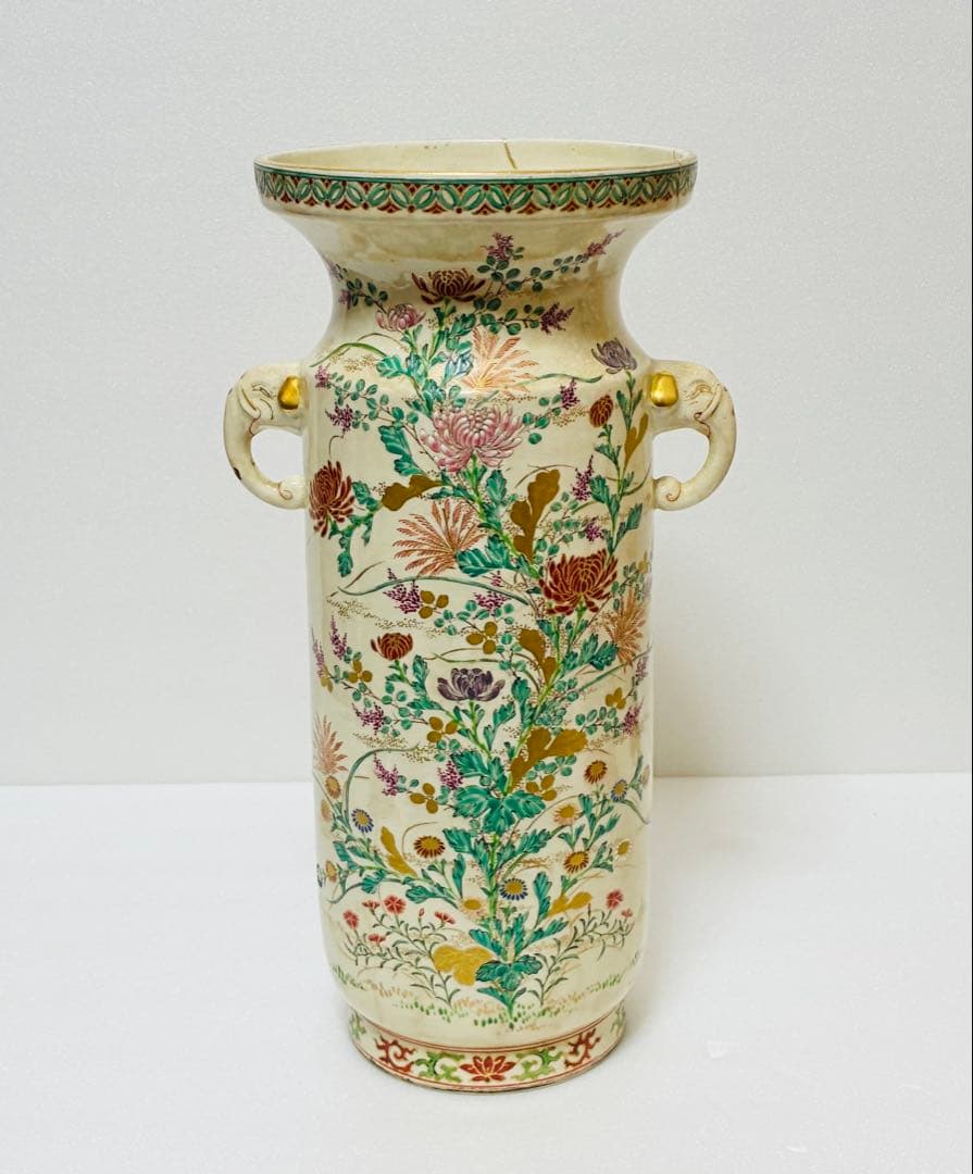 最終価格 明治 薩摩焼 京薩摩 9代帯山与兵衛 上絵金彩色絵草花文象耳付花瓶