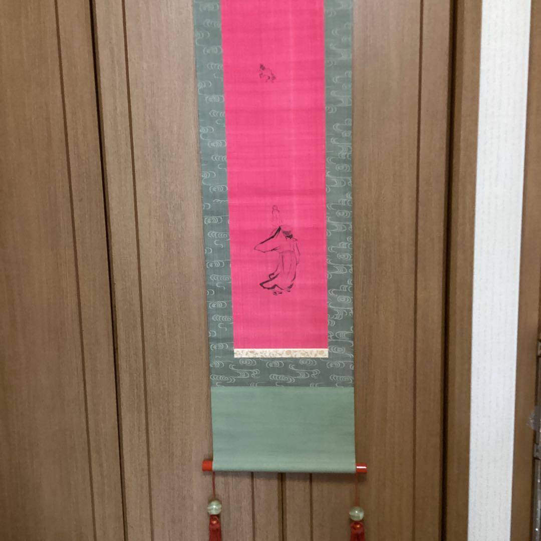 中国画　　肉筆画　【　通玄仙人瓢箪から駒之図　】　朱の絹本下地に水墨　381