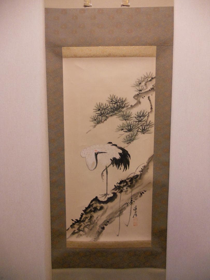 掛け軸 秀崖 松上鶴 紙本 希少 軸装 茶道具 掛軸 美品 です。