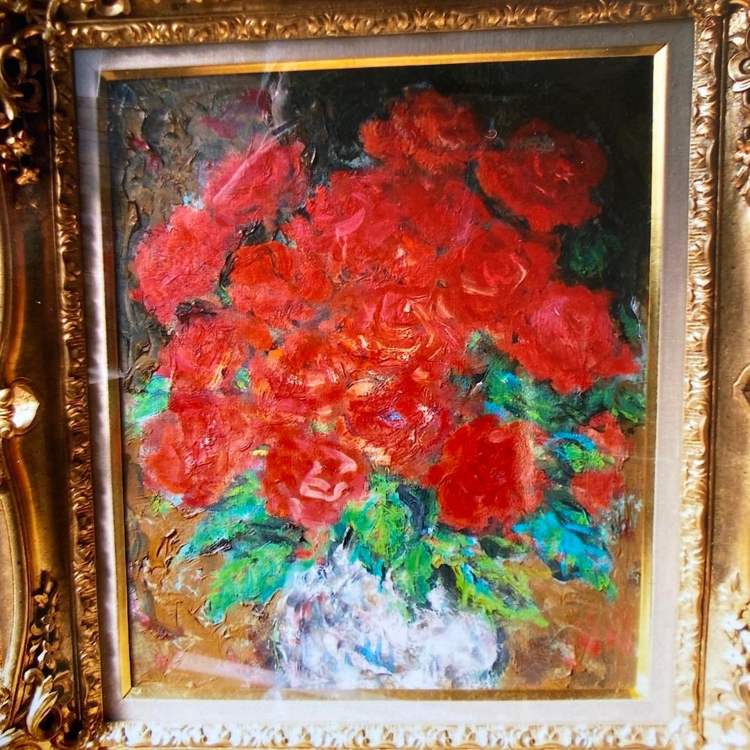 絵画　菊地正則　「赤いバラ」 油彩画　真作　額付き　額装　ゴージャス　F8 美品