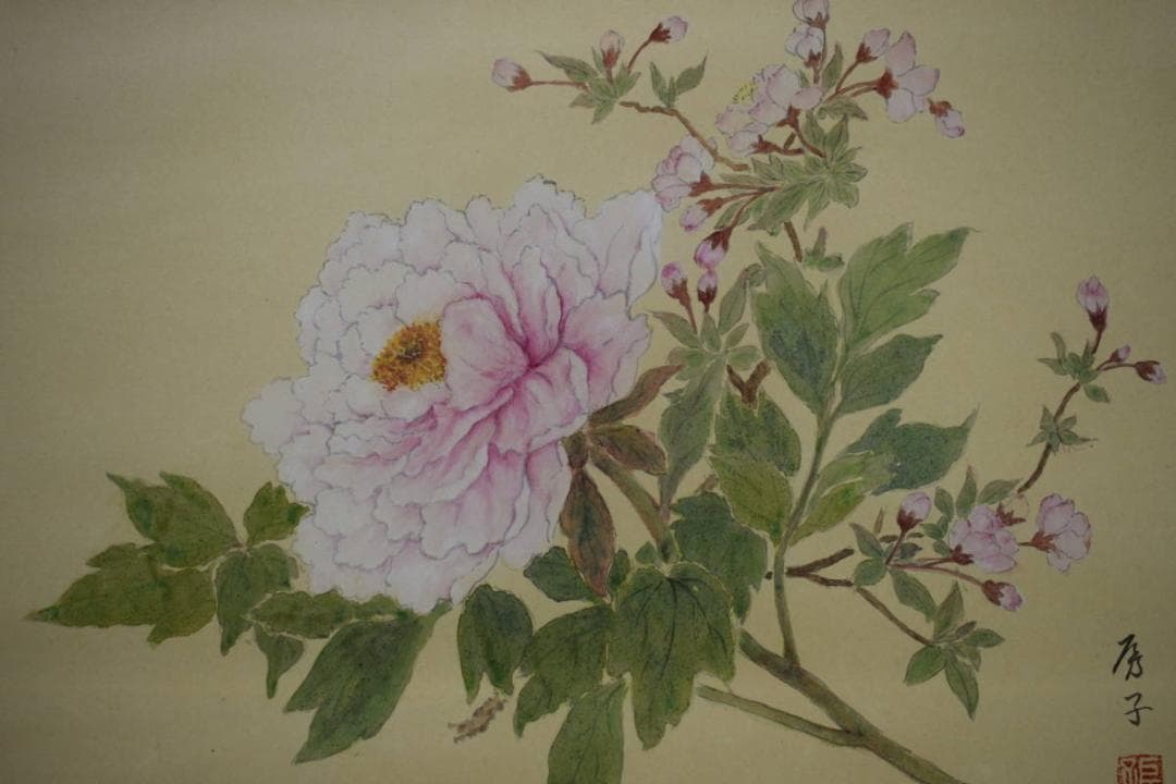 真作/房子/牡丹図/桐共箱付/布袋屋掛軸HJ-393