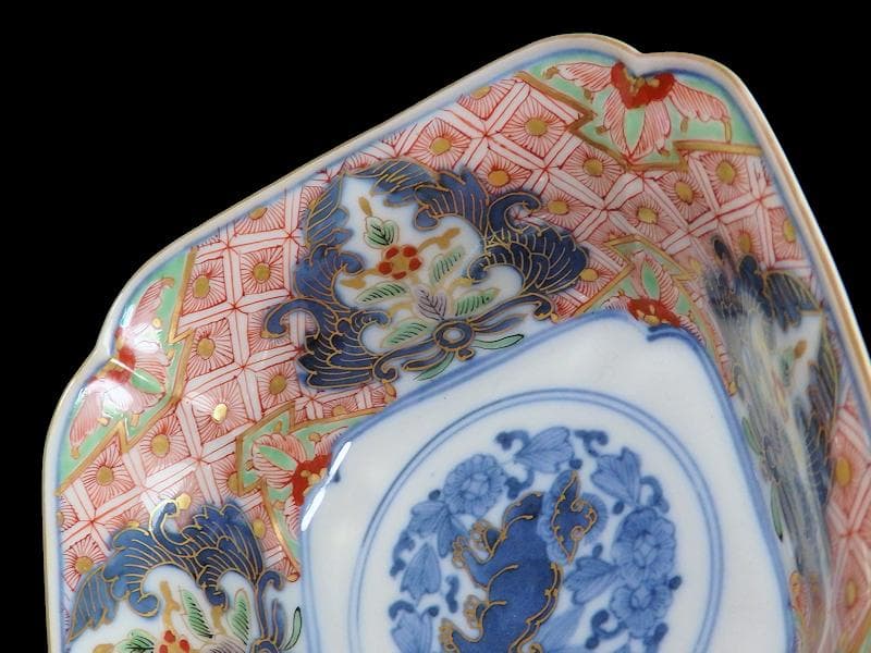 大聖寺古伊万里　菊花四方襷紋に獅子の図　四方角向付　E508AS-CRw