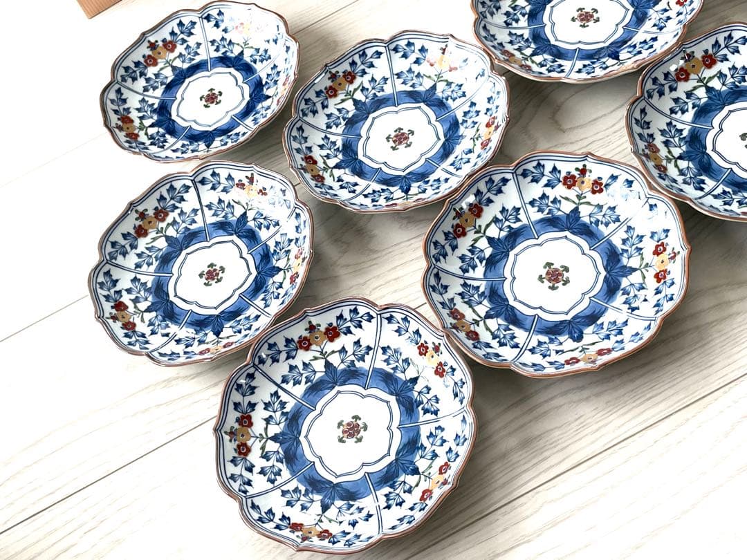 源右衛門 染錦草花文 和菓子皿 是米木窯 10客　染付　共箱