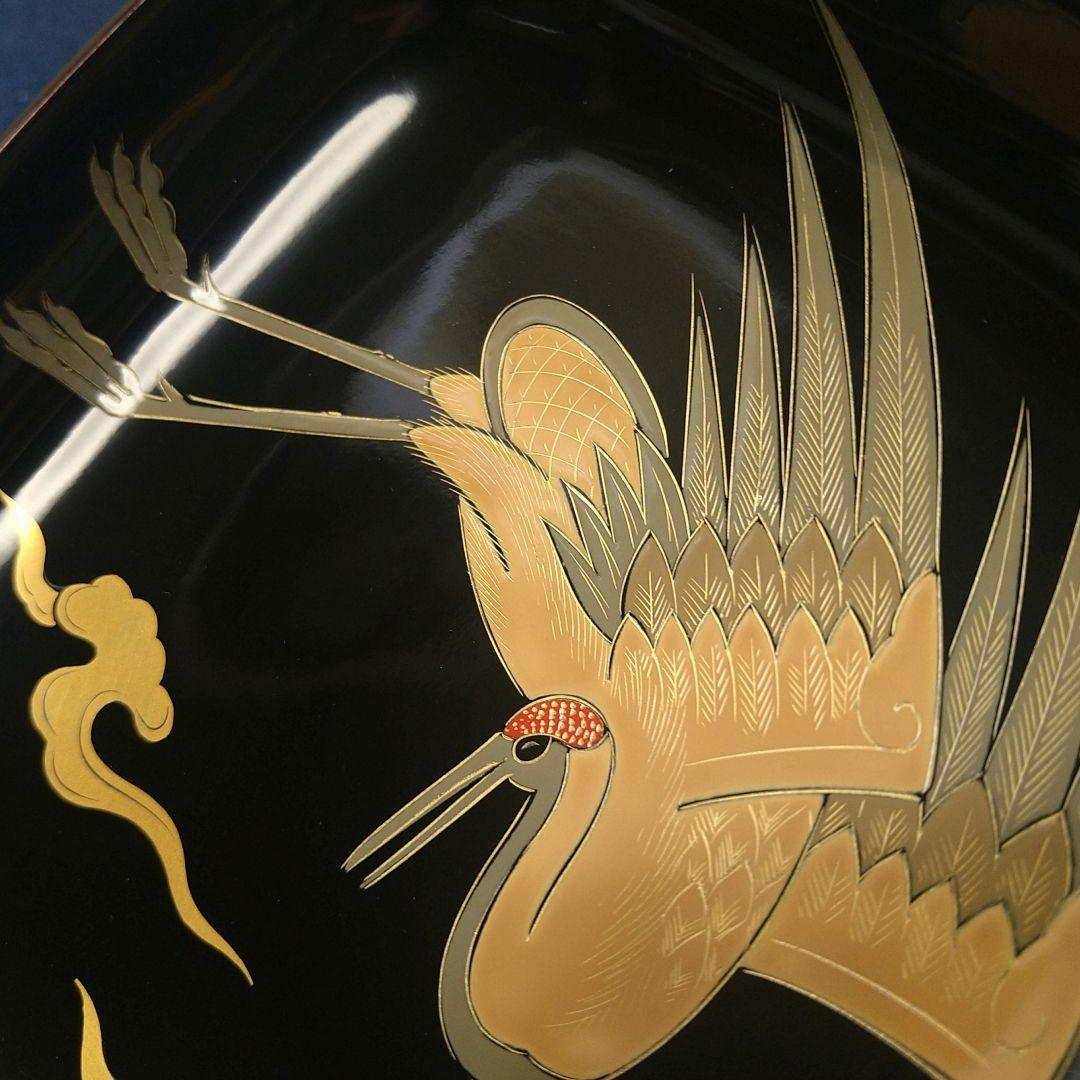 Al1 輪島塗四方椀蓋付敷盆付二客 雲上鶴蒔絵細密蒔絵 煮物椀菓子椀懐石椀