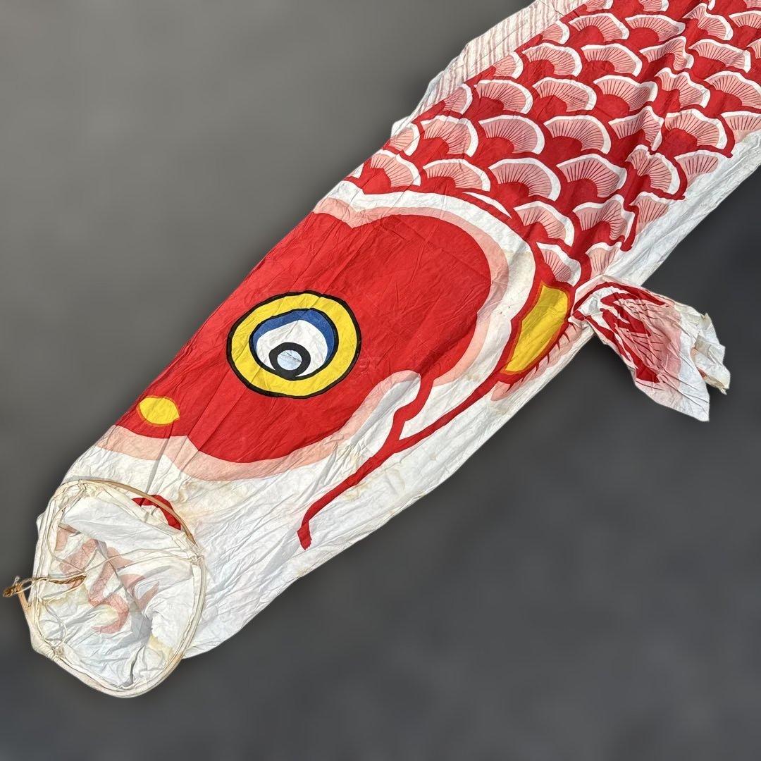 古布 赤い鯉のぼり 木綿 伝統 リメイク 大型 木綿 昭和 彩色 祝旗 幕 布